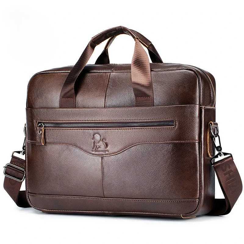Mens Briefcases Large Capacity Casual Simple Travel Business Laptop Soft Genuine Cow Leather Crossbody Shoulder Bags Z250220