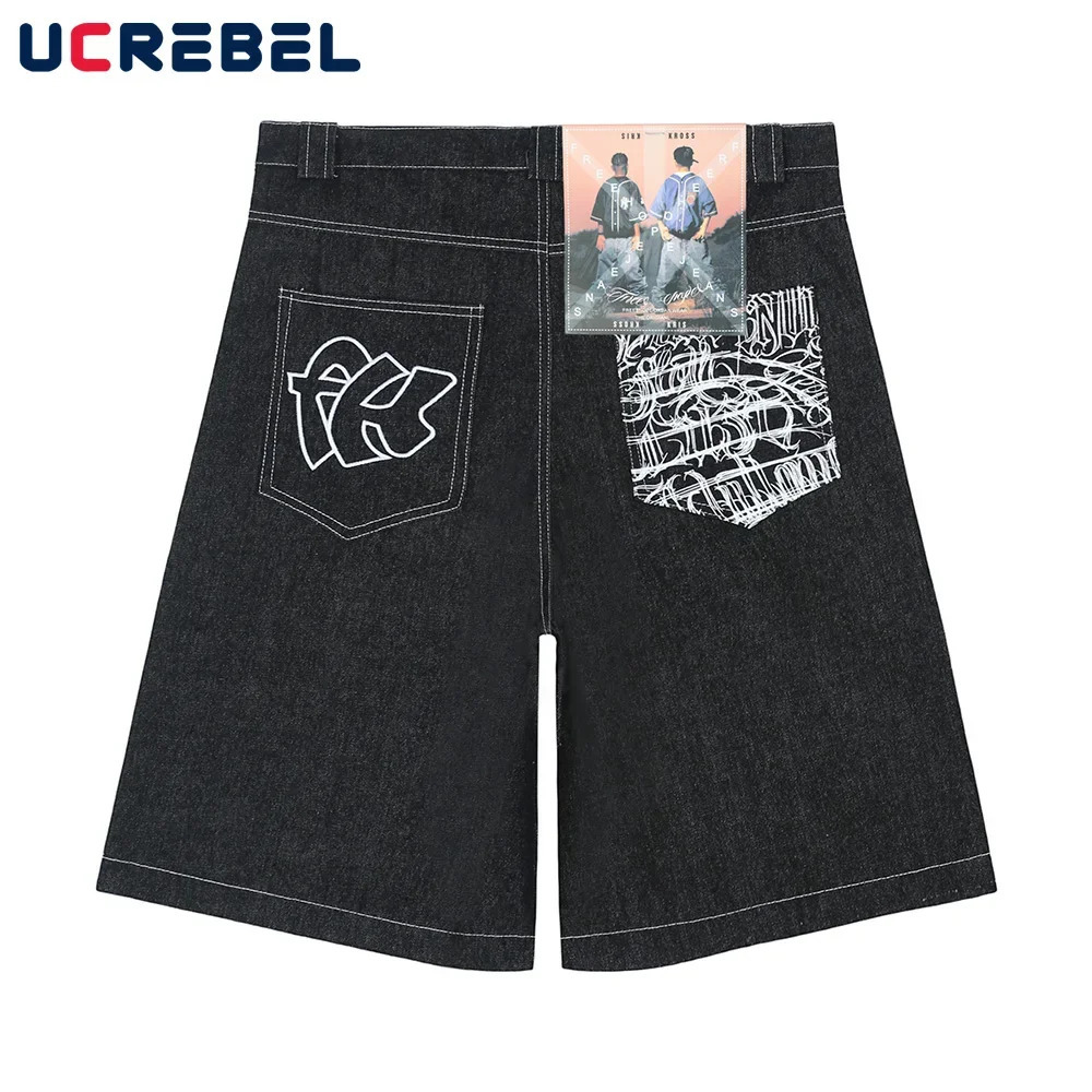 Embroidered Loose Denim Shorts Mens Summer Streetwear Black Kneelength Jeans 250214Z