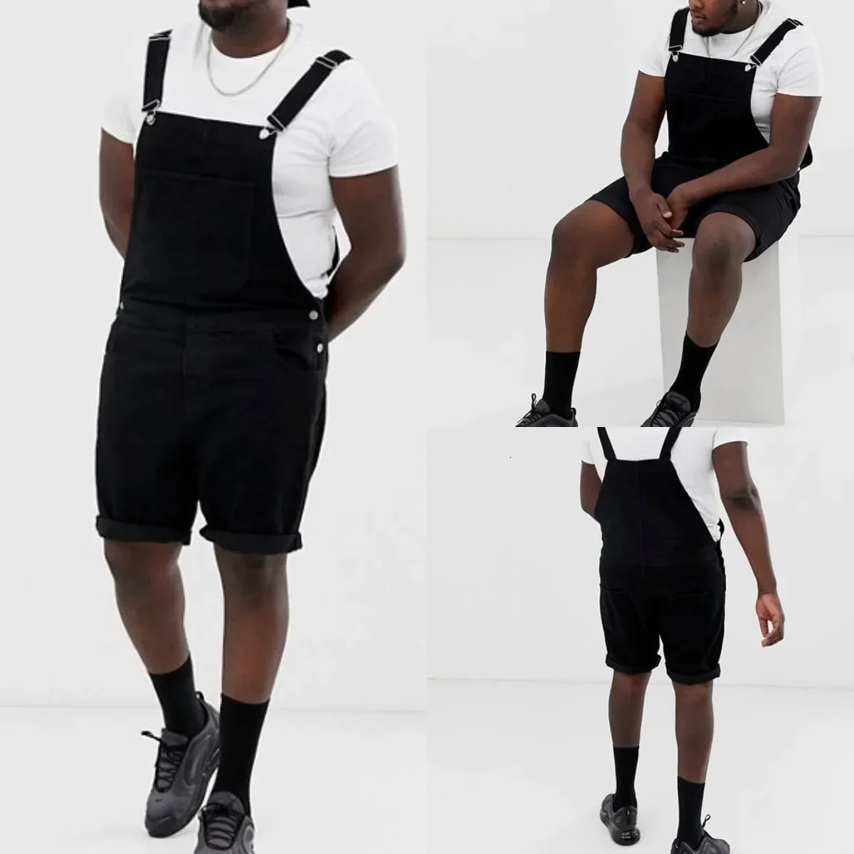 Cargo Men Overalls Denim Spliced Rompers Shorts Straight Pants Pockets Loose Fit Solid Casual Basics Knee Length 2025 250214Z