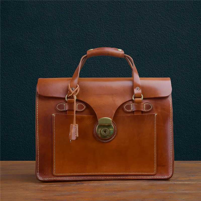 Business vintage high quality first layer cowhide handmade mens briefcase office work genuine leather large laptop handbag Z250220