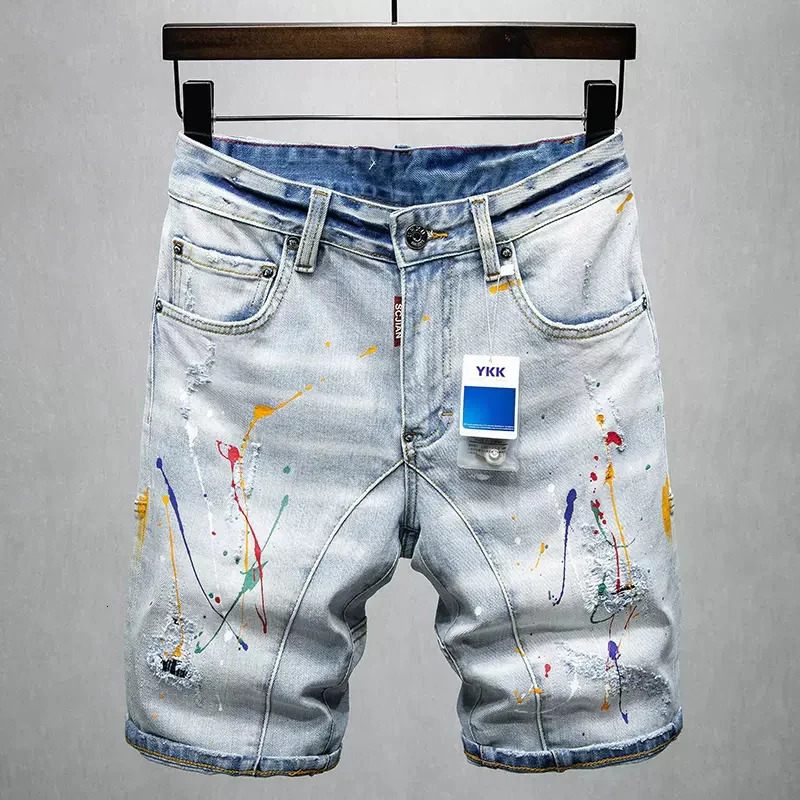 Summer Fashion Mens Jeans Retro Light Blue Elastic Stretch Ripped Short Painted Spliced Hip Hop Denim Shorts Men 250214Z