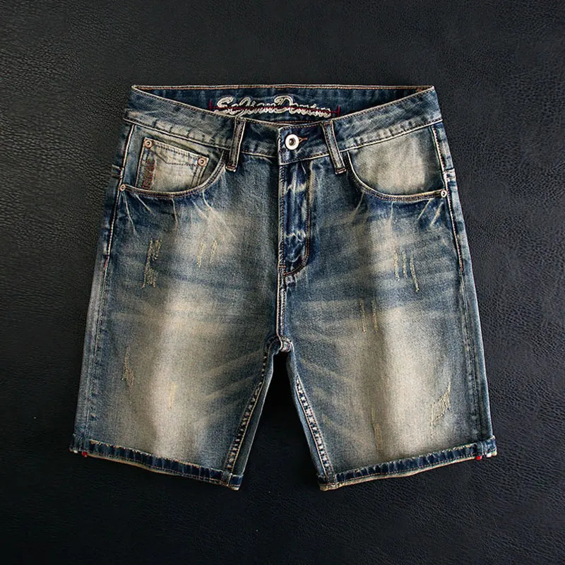 Street Fashion Mens Jeans Summer Retro Washed Blue Stretch Slim Fit Ripped Short Vintage Casual Denim Shorts Men 250214Z
