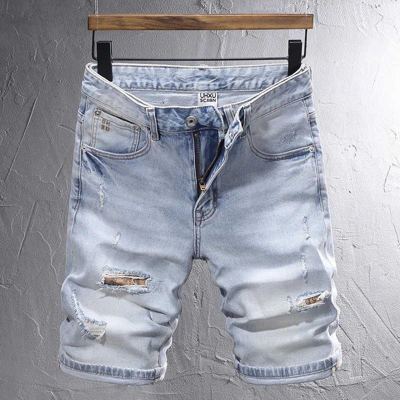 Summer Fashion Short Jeans Men Retro Light Blue Stretch Slim Fit Ripped Patched Vintage Casual Denim Shorts 250214Z