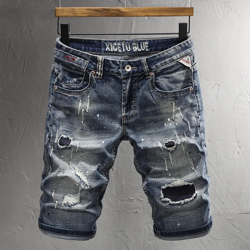 ly Fashion Mens Jeans Summer Retro Gray Blue Stretch Slim Fit Ripped Short Patched Vintage Denim Shorts Men 250214Z