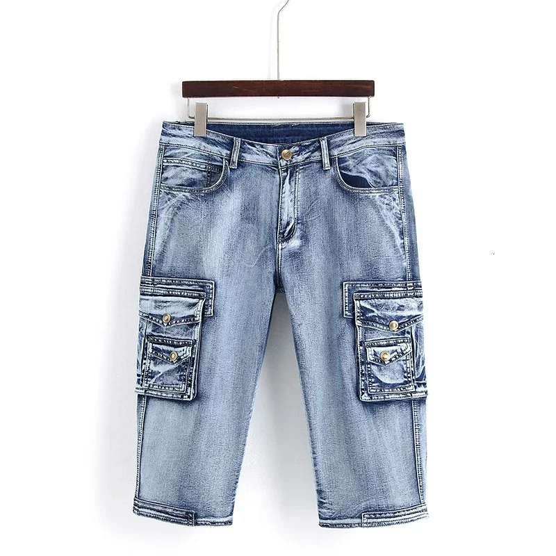 Mens Summer Short Cargo Jeans With Multi Pockets Slim Fit Denim Shorts For Male Washed Blue Tactical Work Bottoms 250214Z