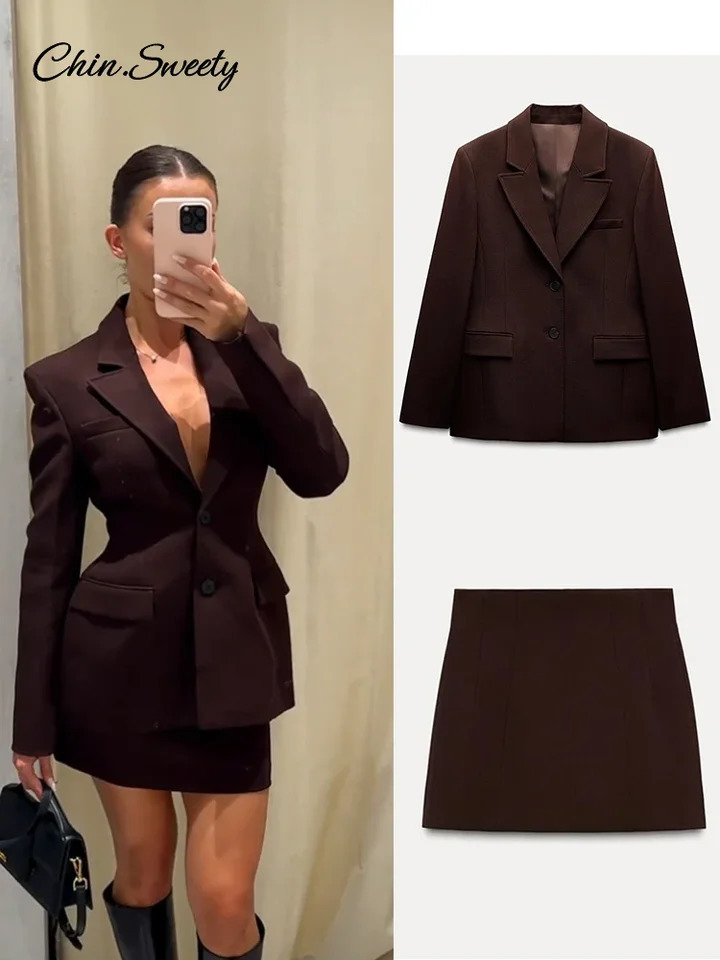 Elegant Blazer Mini Skirt Set Brown Shoulder Pad Cinched Waist Suit Jacket Aline Skirts 2 Piece 2025 Office Lady Outfits 250222Z