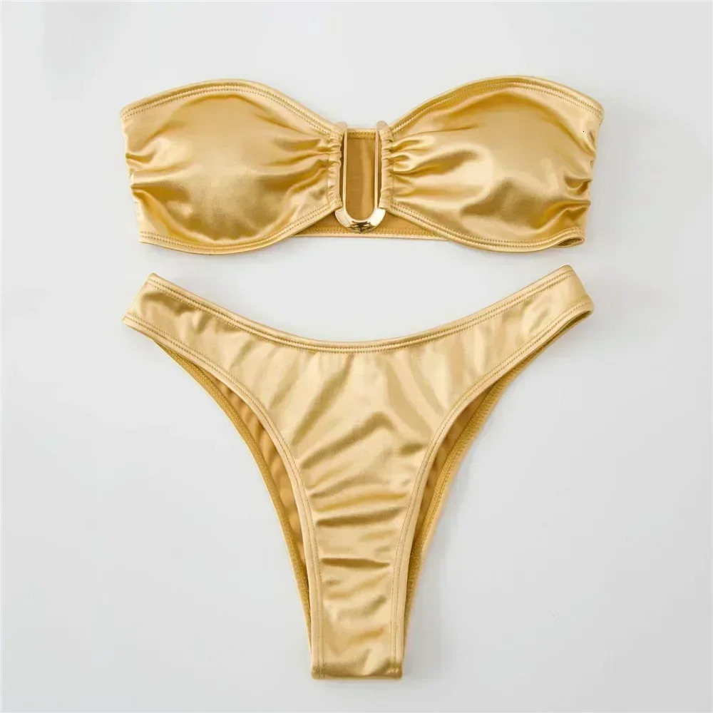 Sexy Ushaped Bandeau bikini set strapless swimsuit womens gold 250214Z