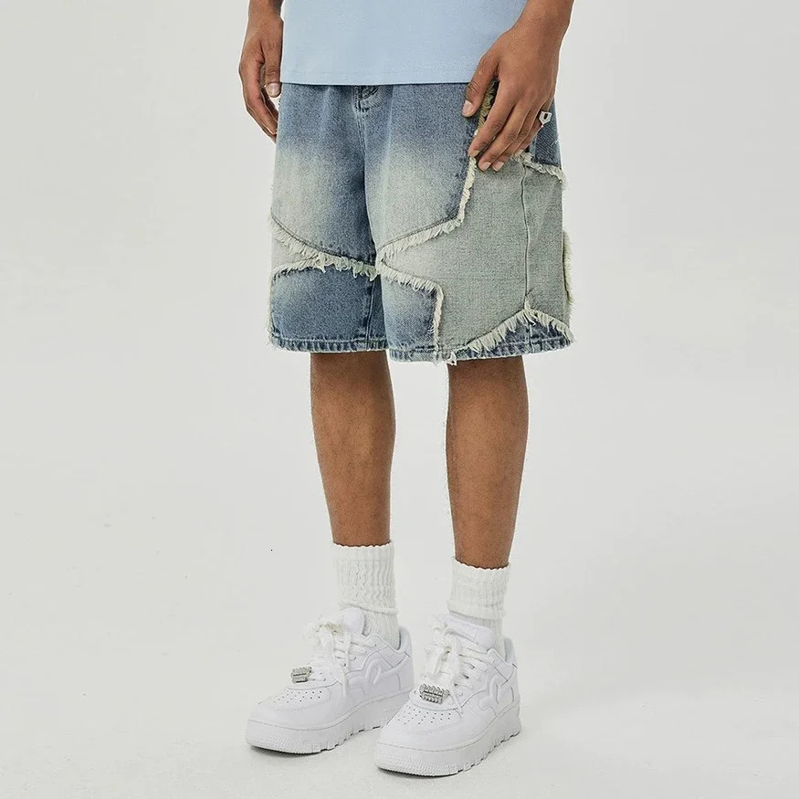 Washed Stars Patchwork Baggy Jeans Shorts for Men High Street Wide Leg Straight Casual Denim Five Point Pants Oversized 250214Z
