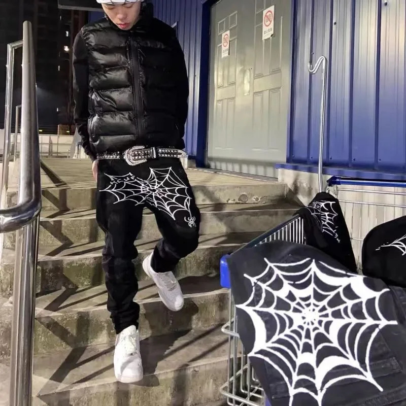 Y2K Gothic Mens Jeans Spider Printed Hip Pop Baggy Pants Smart Casual Denim Bottoms 250222