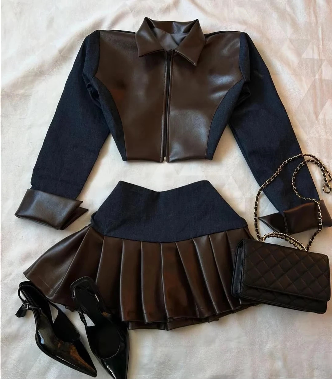 Sexy Womens Outfits Gothic Fashion Leather Patchwork Two Piece Clothing Girl Harajuku Jacket Mini Skirt Suit 250222Z