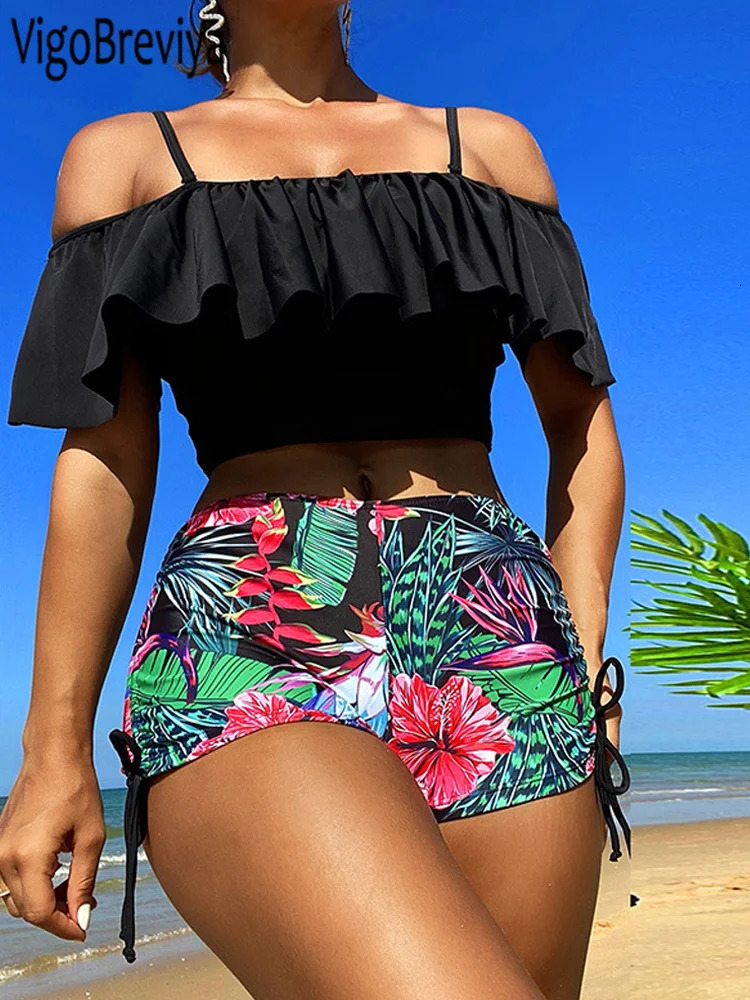 VigoBreviya 2025 Print Off Shoulder Strapped Swimwear Women Push Up High Waist Bikini Sexy Backless Swimsuit Summer Bathing Suit 250214Z