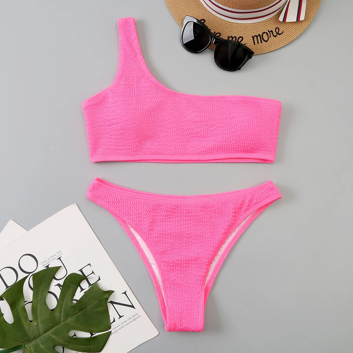 One Shoulder Bikinis 2024 Women Sexy Swimwear Female Brazilian Swimsuit Solid Beachwear Bathers Bathing Swimming Swim Suit 250214Z
