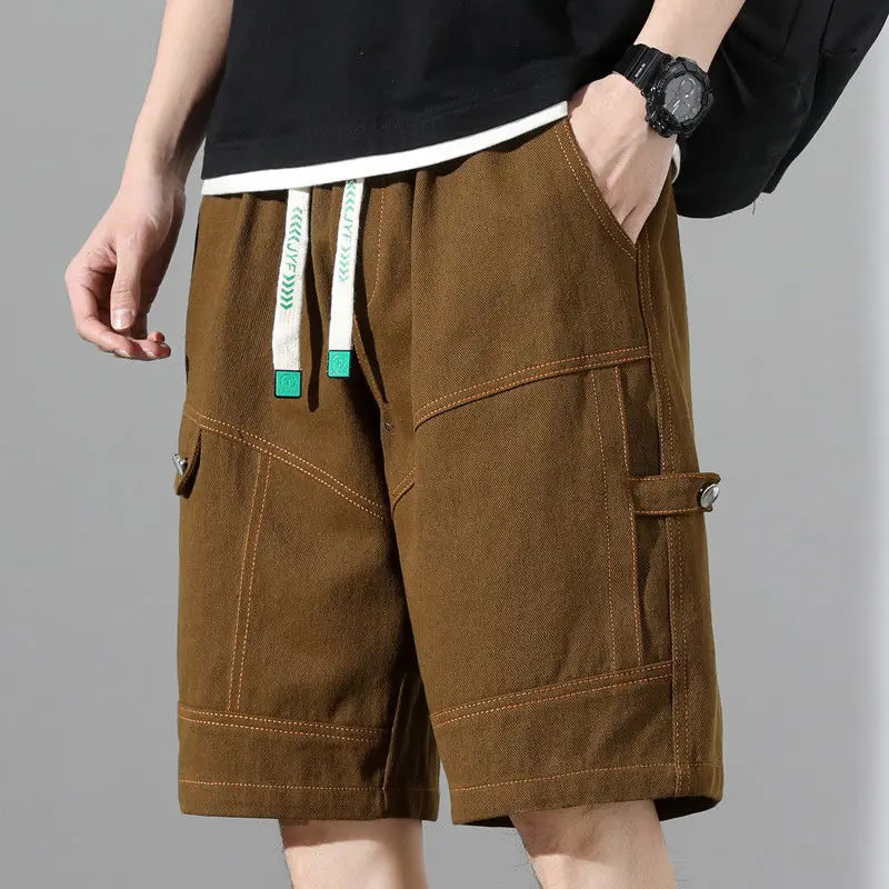 Fashion Elastic Spliced Straight Cargo Denim Shorts Mens Clothing 2024 Summer Loose Korean High Waist Knee Casual 250214Z