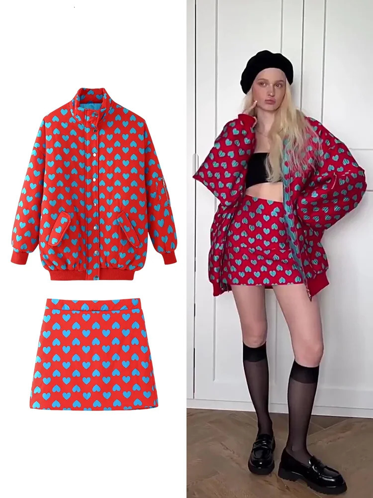 TRAF Womens Fashion Love Printed Skirt Set High Street Warm Cotton Jacket Waist Halfbody Short Two Piece 250222Z