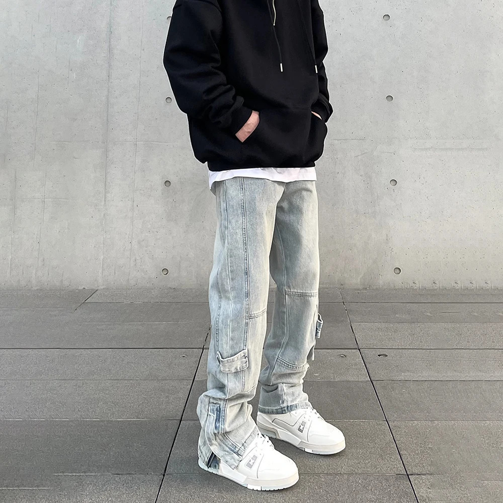 Streetwear Jeans Men Y2k Autumn Fashion Casual Zip Flared Trousers Slim Blue Vintage Winter Stacked Street Original Denim Pants 250222