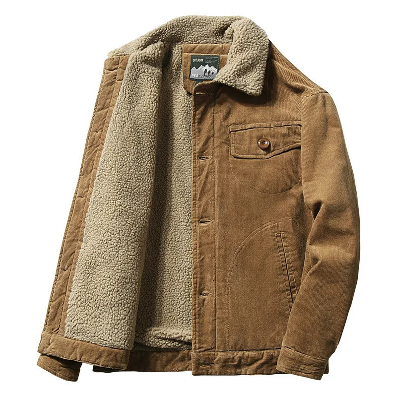 High Quality 2024 Jackets Mens Winter Plus Velvet Jacket Corduroy Tooling Casual Parka Korean Fashion Solid Color Cotton 250214Z