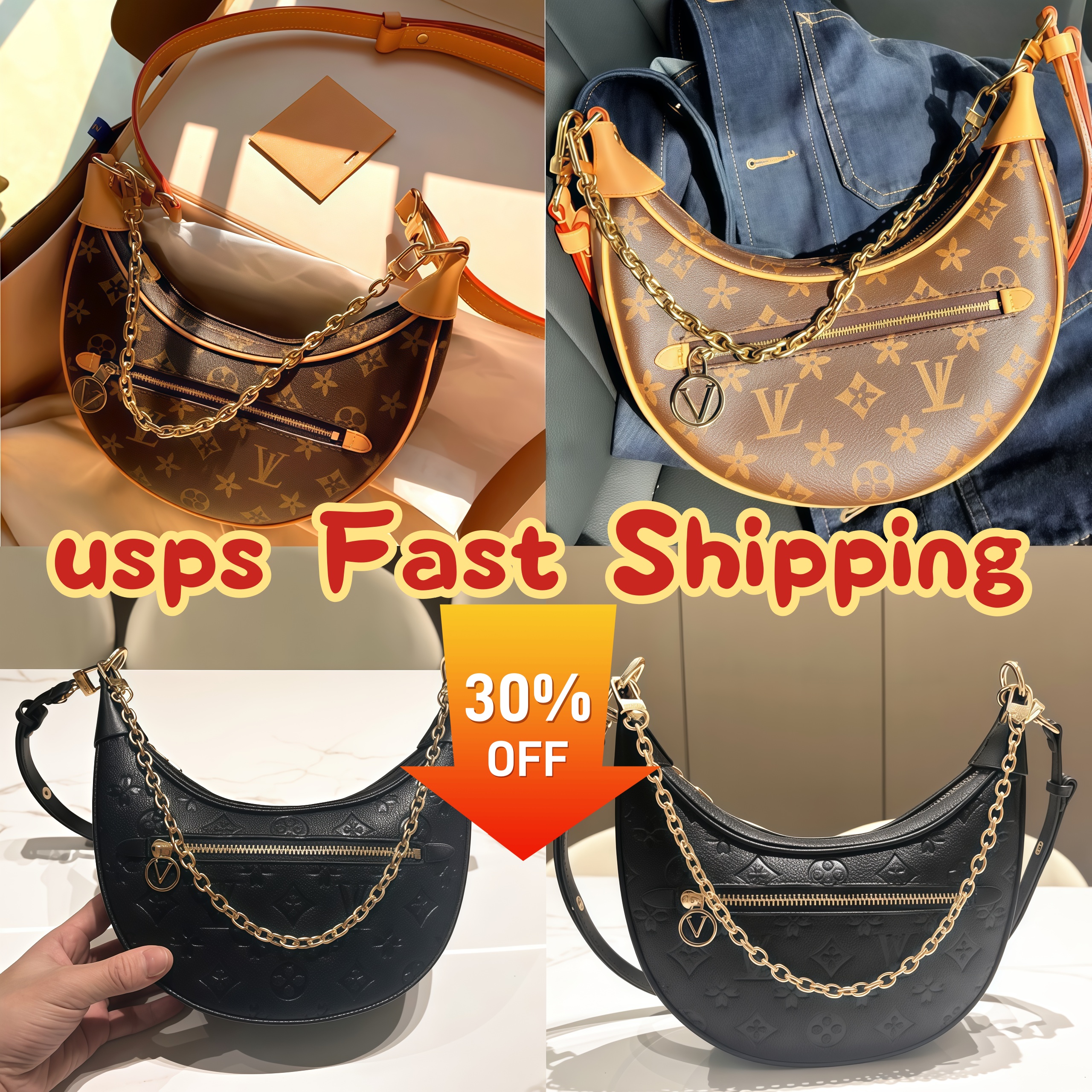 2025 Loop Croissant Bag Shoulder Hobo Designer Purse M81098 Cosmetic Half-Moon Baguette Underarm Handbag Crossbody Metal Chain Collection Women Size