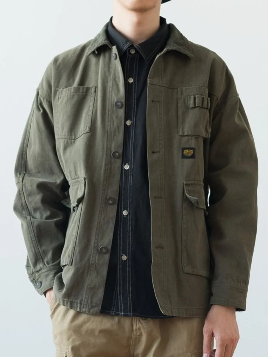 Vintage Army Green Cargo Denim Jacket Men Women Spring Autumn Clothing Harajuku Coat Korean Fashion Military Casual Workwear 250214Z