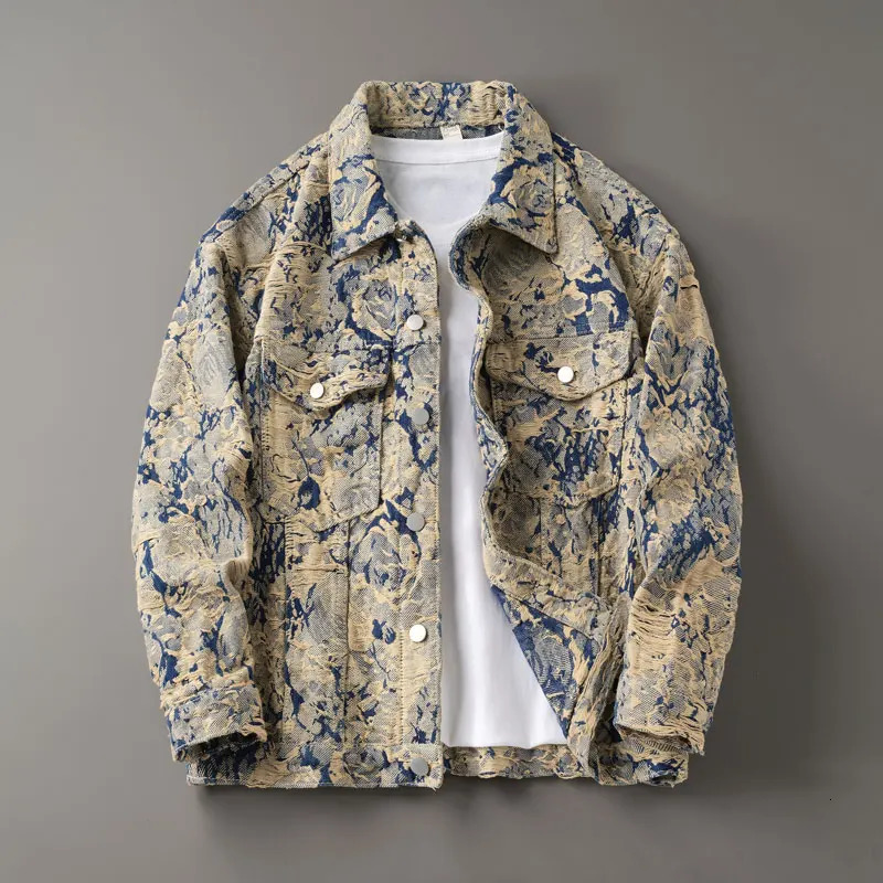 Street Fashion Men Jacket Retro Blue Yellow Autumn Loose Ripped Denim Casual Coats Hip Hop Jackets 250214Z