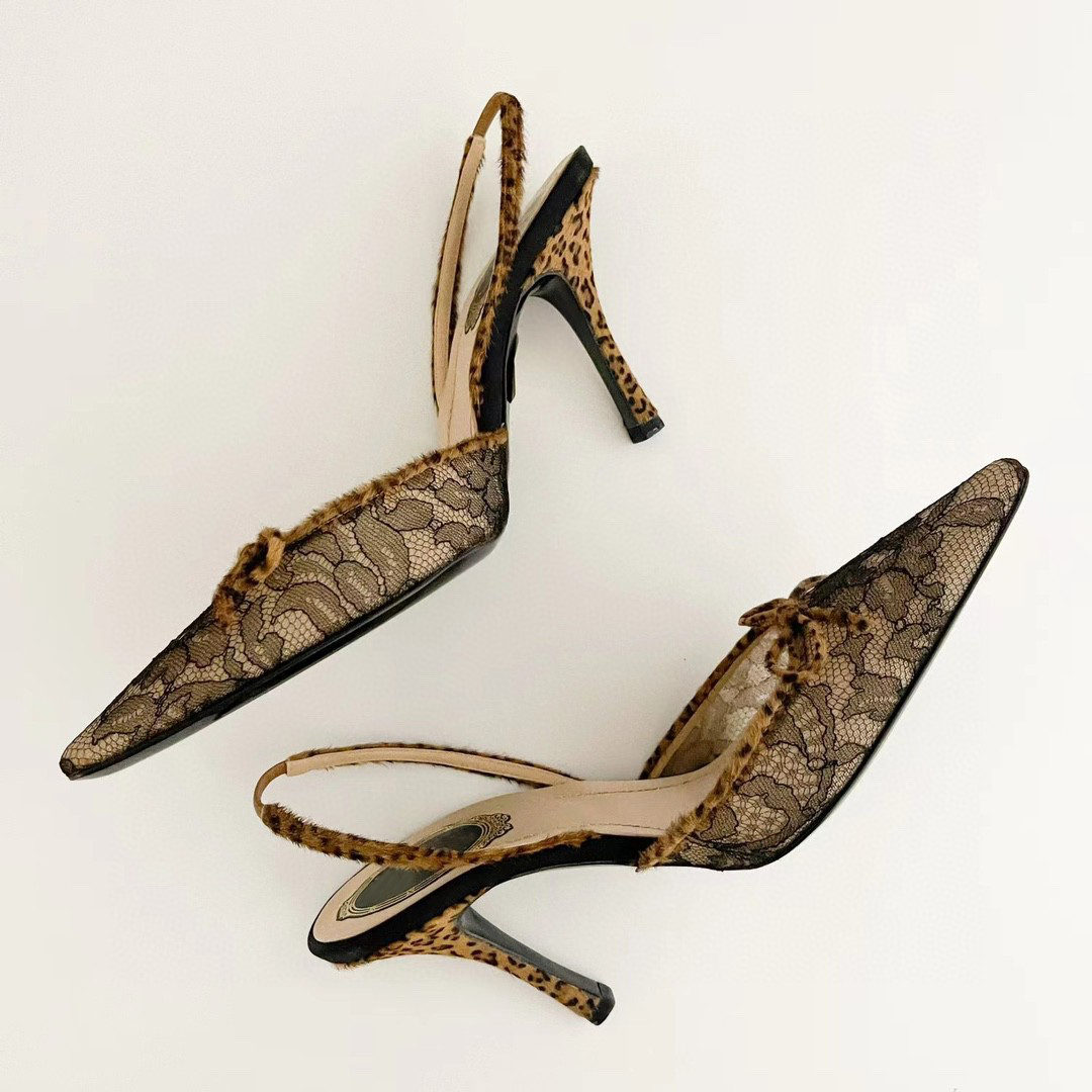 Spring and summer new lace bow high heel sandals luxury designer mesh fashion dew heel sandals 9cm leopard print heel fashion evening dress shoes fa