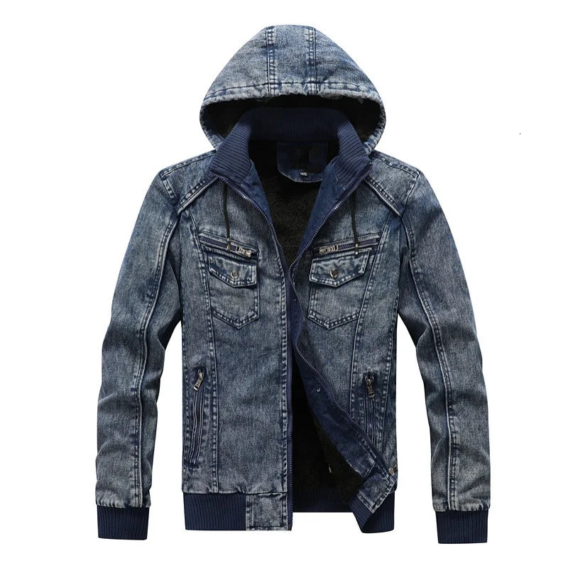 washed cotton mens classic denim and fleece hooded flight jacket youth standup collar top coat 250214Z
