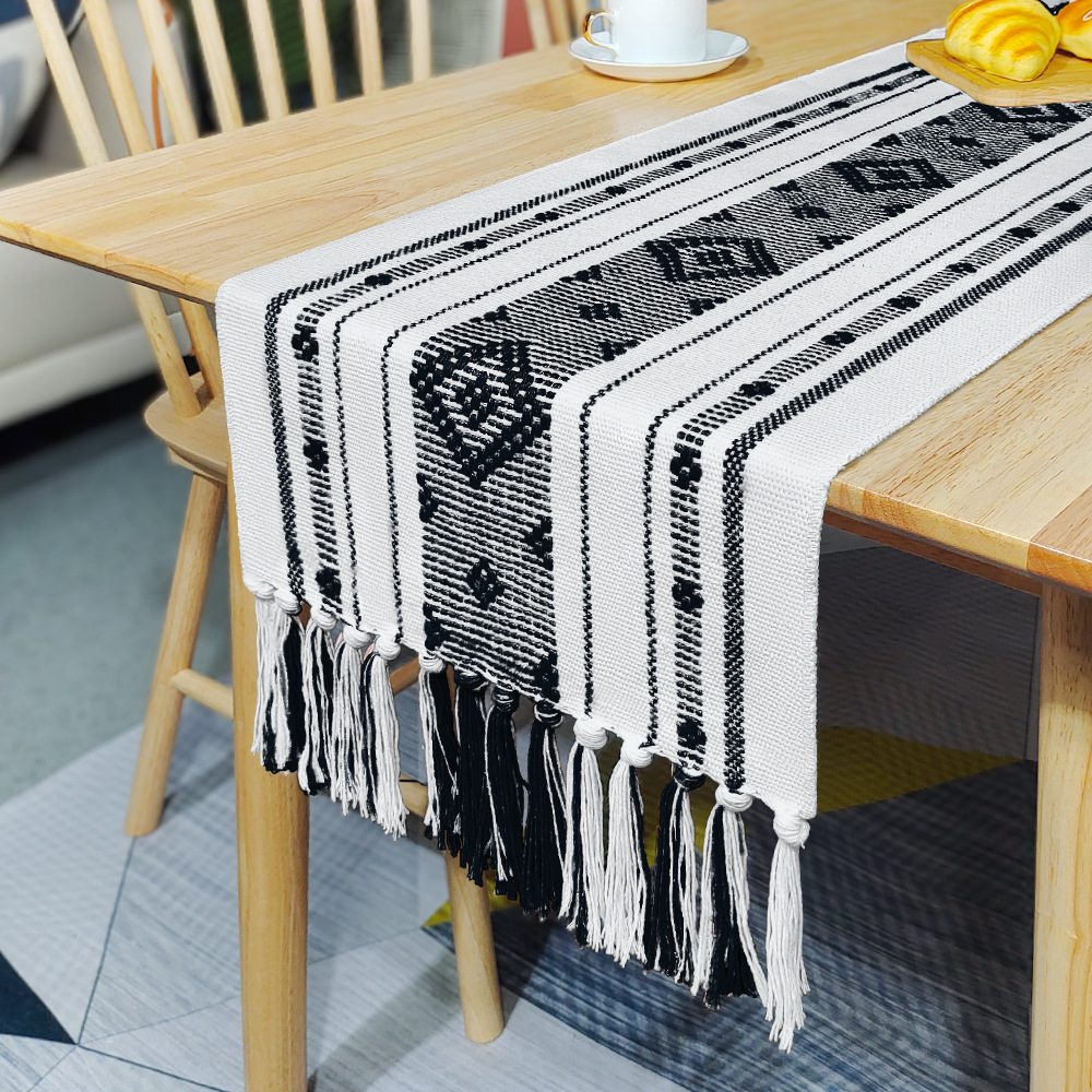 Chemin de table frangé simple et élégant serviette de thé décoration longue coton polyester