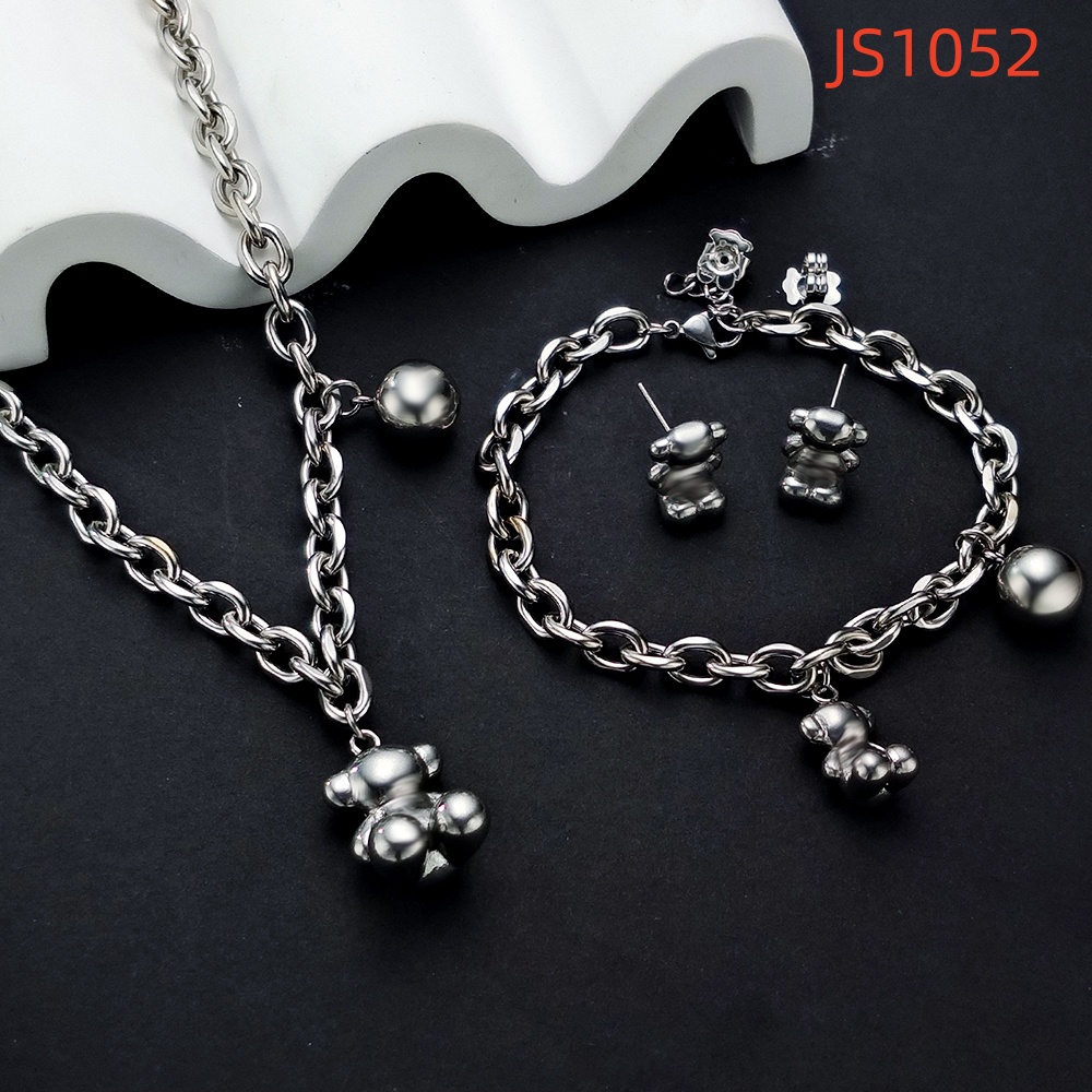 Hot Fashion Women Men Gold Stainless Steel Bear White Pearl Round Pearl Cartoon Span Chain Pendant Necklace Earrings Sets Jewelry-image-1051389370