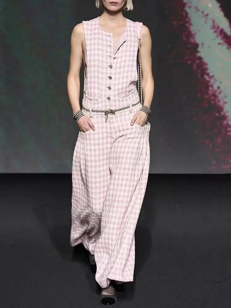 Chan new high quality jumpsuit pants women plus size women's clothing pink tweed Jumpsuit women wide-leg pants cargo pants trousers jumpsuit-image-1046111861