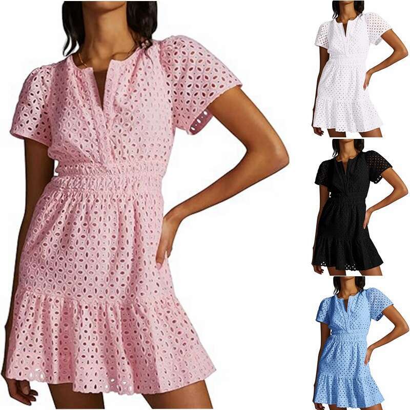 Lace Pleated Short Sleeved Dress Round Neck Dress 2025 Womens V-neck A-line Hollow Fishtail Dress Floral Dress Loose Temperament Bifurcated Short
