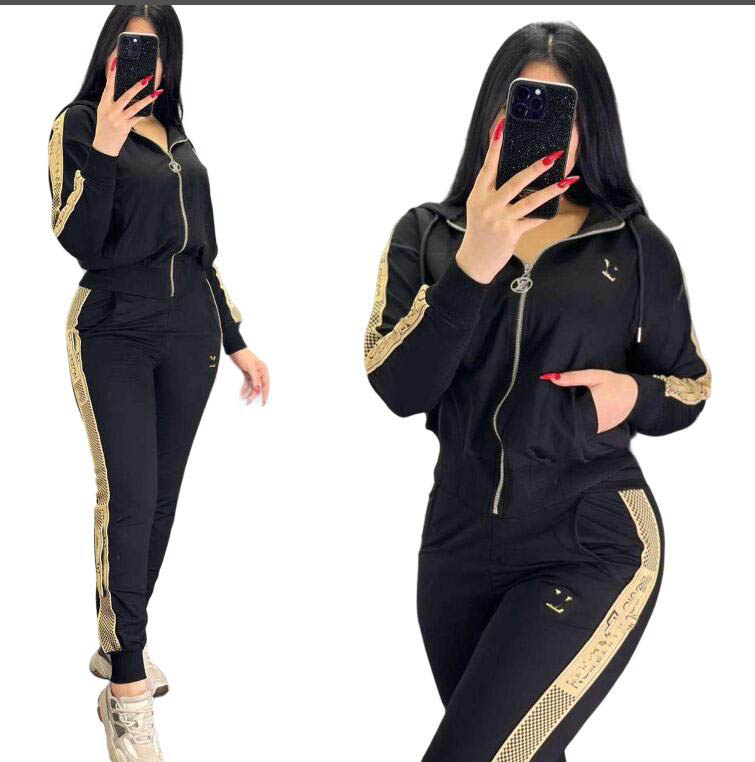 Womens Tracksuit Outfits spring Autumn zipper jacket Sweatshirt +Black golden Sweatpants High Quality Ladies Daily Casual 2 Piece Set