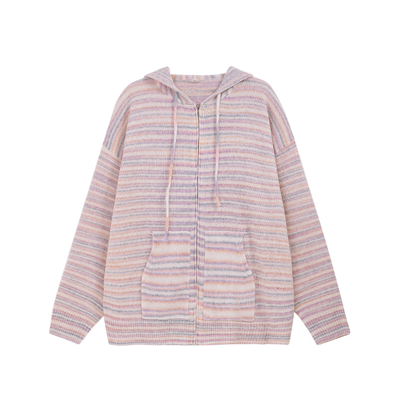 Loose All Match Y2k Aesthetic Cardigan Vintage Zipper Hooded Tops Womens Knitted Striped Contrast Japanese Sweaters Coat