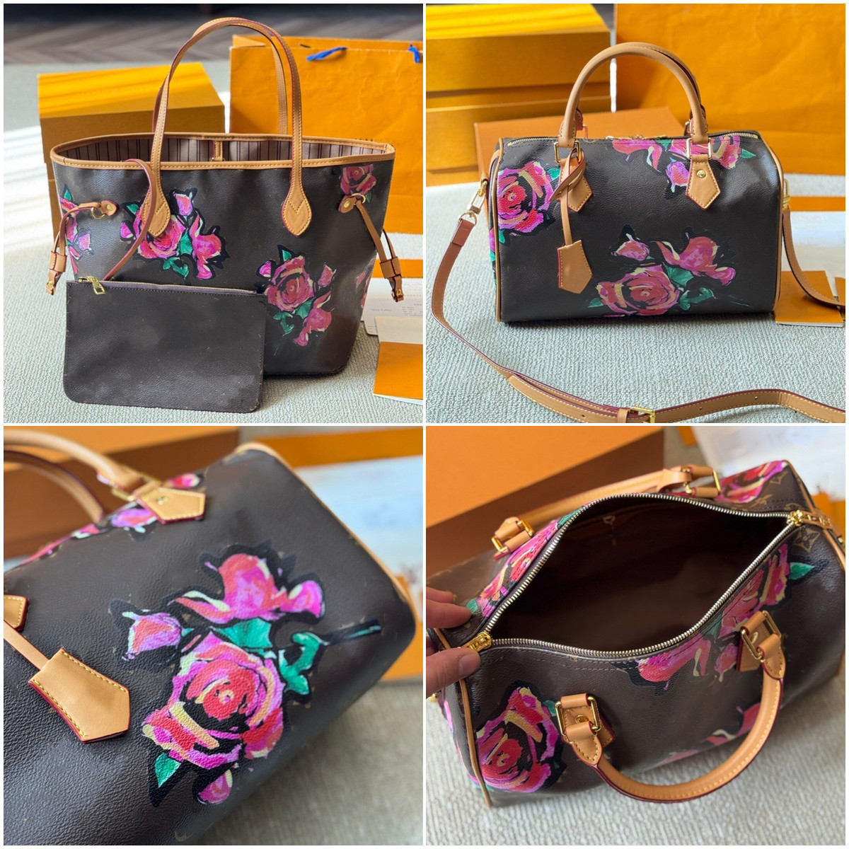 Designer Women's Speedys 30 Pillow Bag Rose Graffiti Fashion Single Shoulder Pillow Bag High Quality NF Leather Graffiti Shopping Bag Handbag W