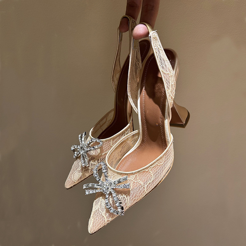 2025 brand window new products Diamond Buckle Cleo Crystal Inlaid Lace Pointed High Heels Wedding Shoes Leather Sole Luxury Designer Evening Dres