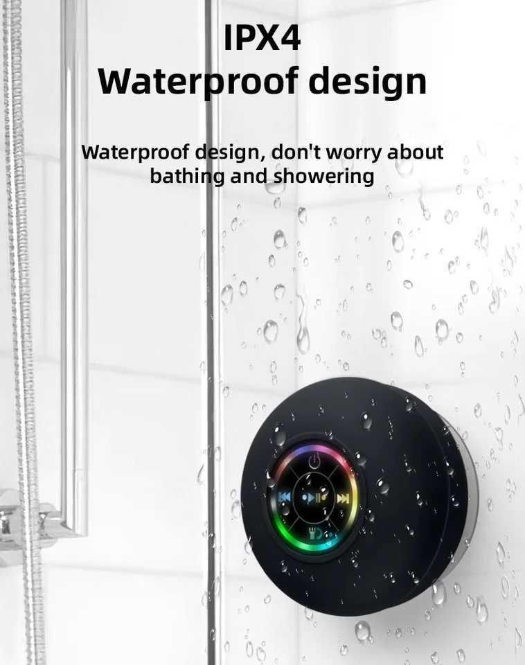 Portable Waterproof Shower Speaker with Suction Cup and LED Lights 3D Surround Stereo subwoofer Y250226-image-1046284956