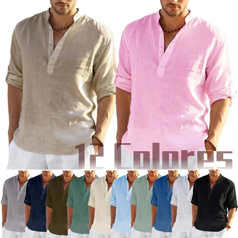 Mens linen long sleeved Tshirt solid color loose casual shirt cotton 250214Z