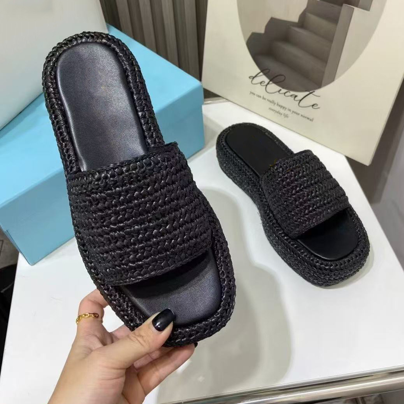 Platform Heels Straw Sandals Designer Women Sliders Weave Slippers Summer Beach Slides Fashion Mules Casual Outdoor Shoes Black White Brown Size-image-949871444