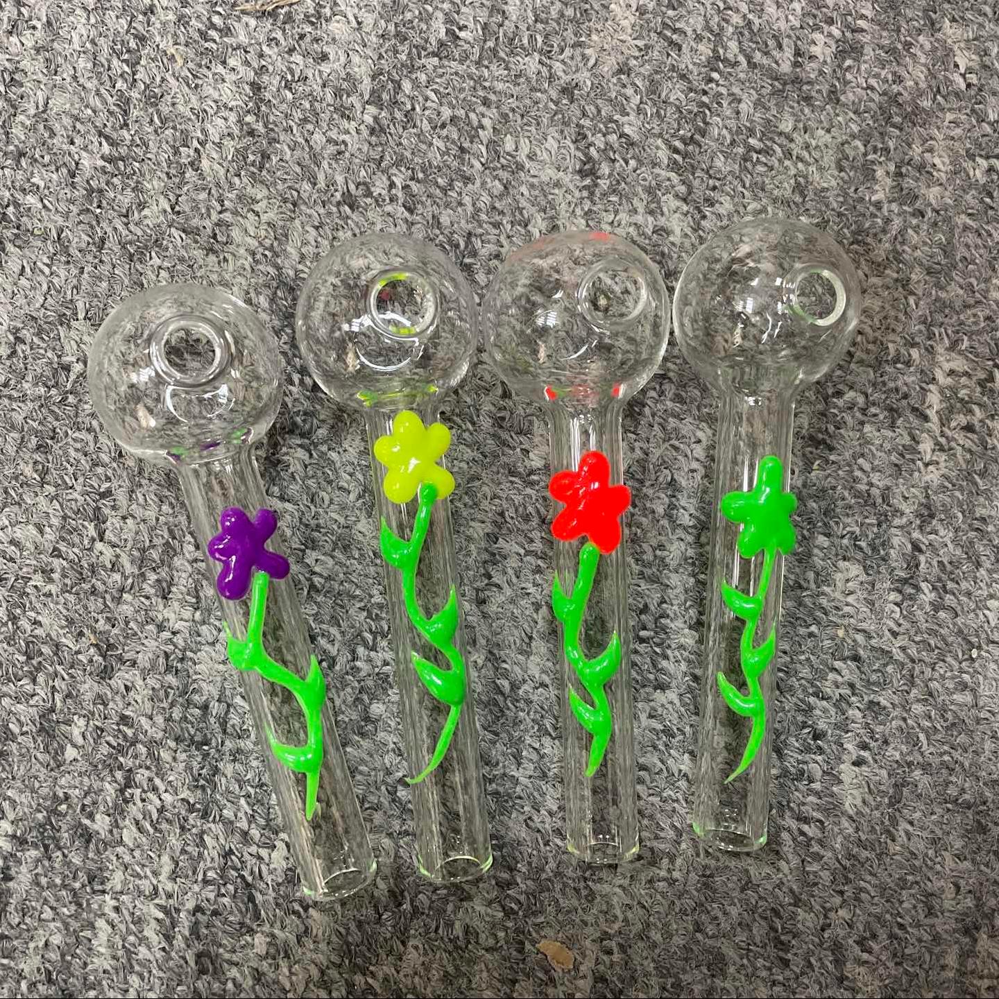 Glow In The Dark Pyrex Glass Oil Burner Pipes Colorful Flower Style 4 Inch Mini Small Spoon Tobacco Hand Pipe Smoking Accessories