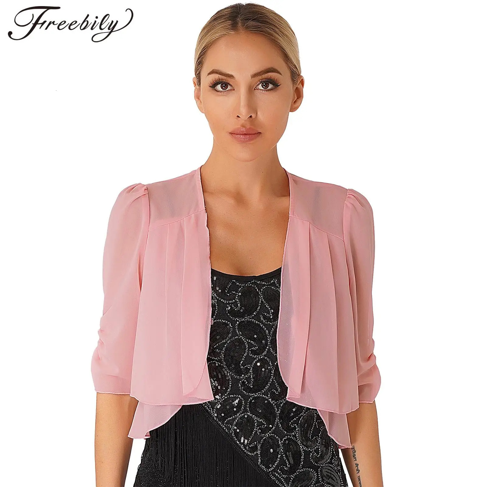 Womens Elegant Ruffle Bolero Shrug Jacket Half Sleeve Double-Layer Chiffon Cropped Cardigan Evening Wedding Party Dress Shawl 250225