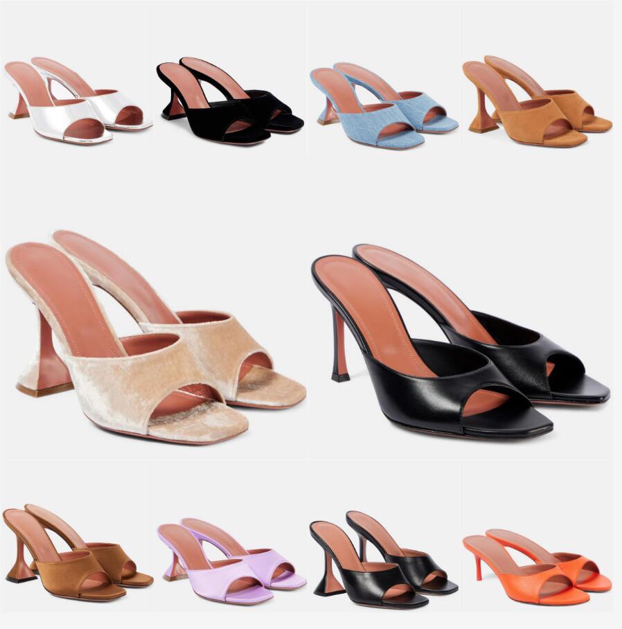 2025SS Design élégant Lexa Suede en cuir satiné Mules carré ouverts ouverts sandales à talons robe de mariée Lady Walking Designer Sandale Sandal