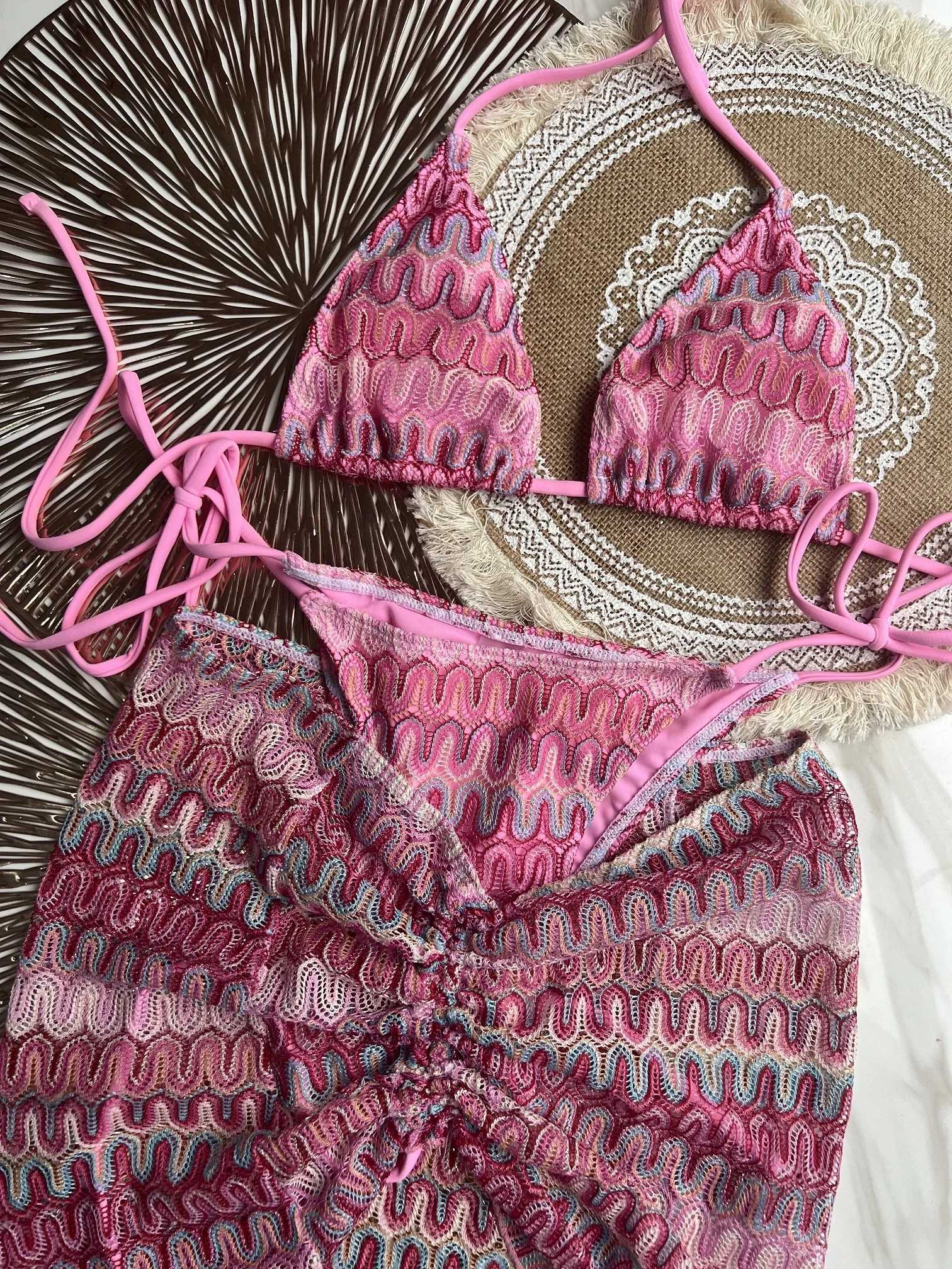 Women's Swimwear zigzag bikini three piece swimwear with skirt knitting bikini swimsuit push up beachwear L260528-image-1046376344