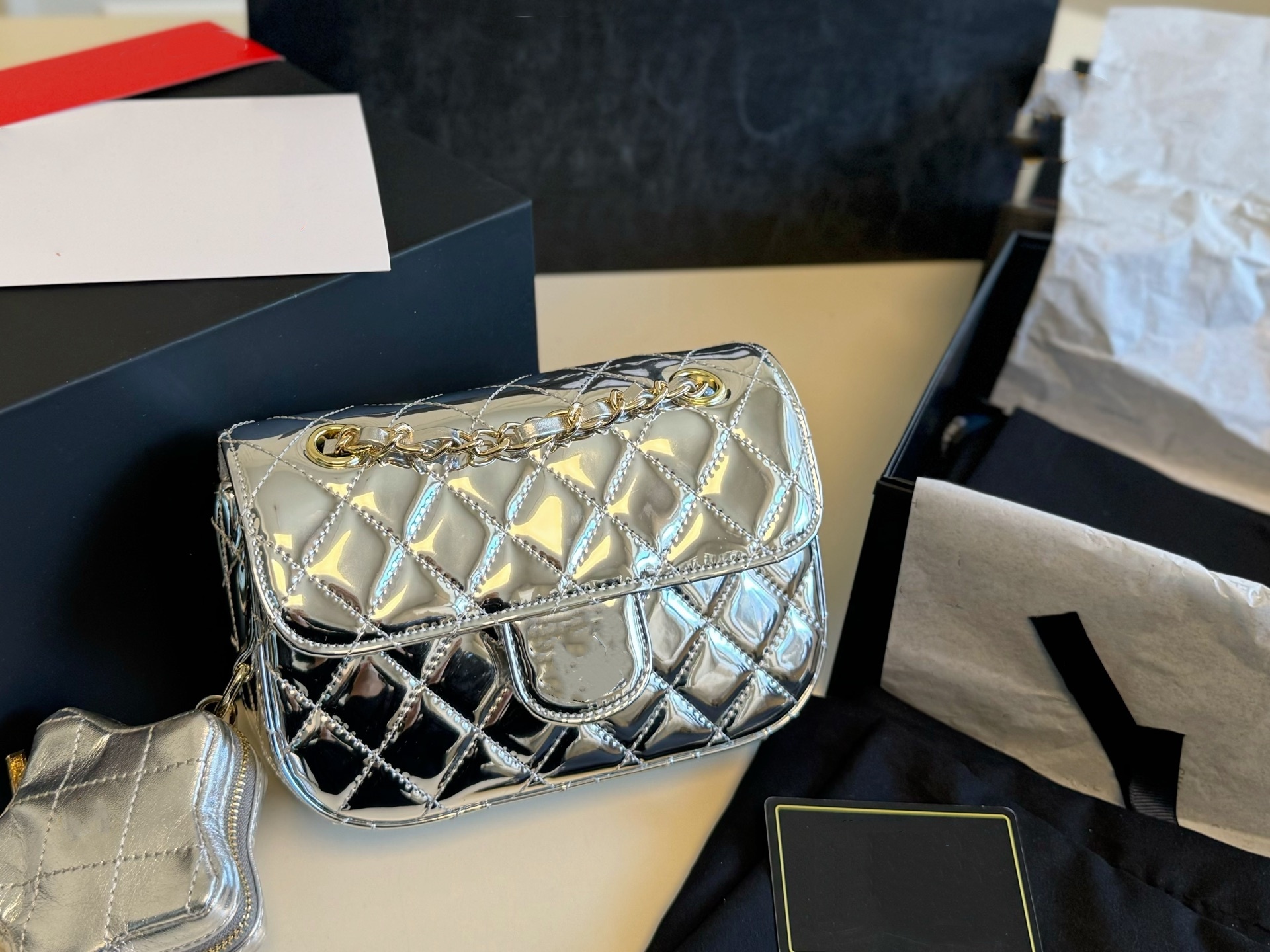 24C Womens Designer Bag Patent Leather Gold/Silver Classic Flap Quilted Bags With Star Charm Gold Metal Hardware Matelasse Chian Crossbody Rectangul