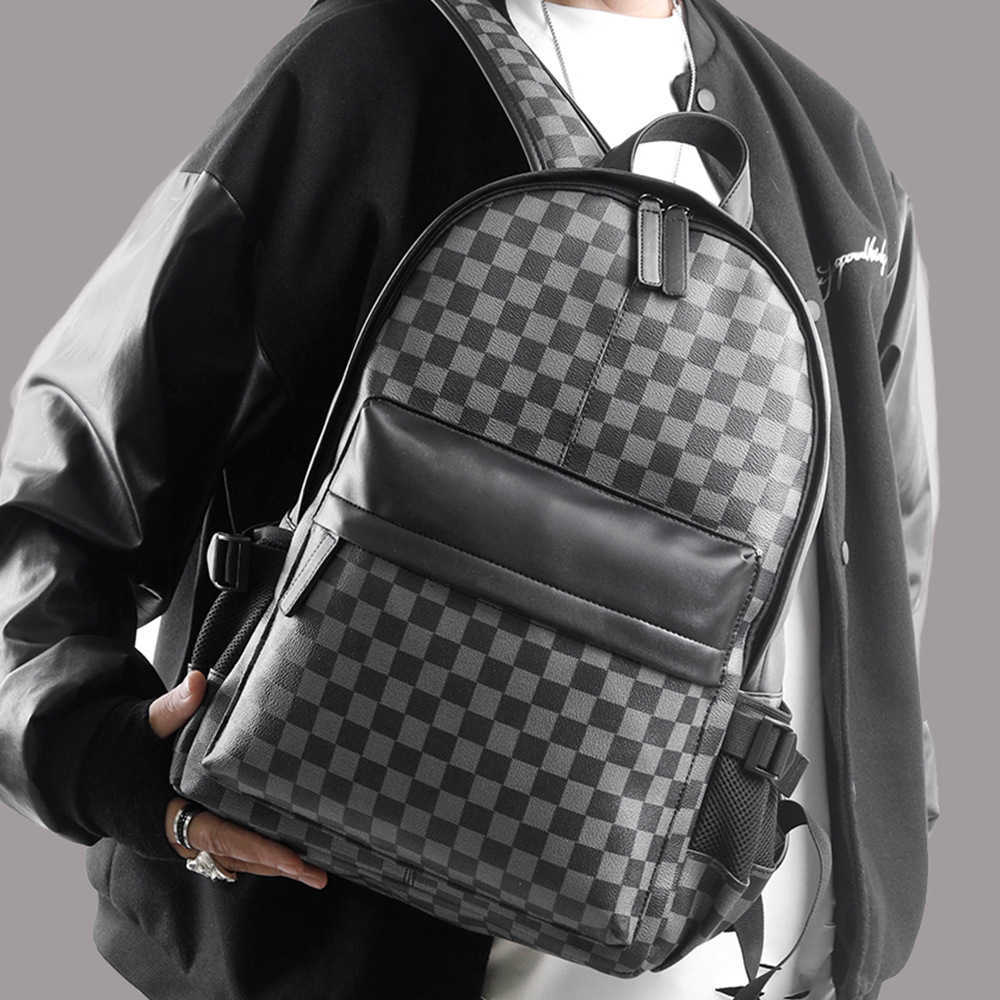 2025 New Fashionable Classic Checkered Korean Edition Large Capacity Backpack Personalized Trendy Men's Leather Outdoor Travel Backpack 250227