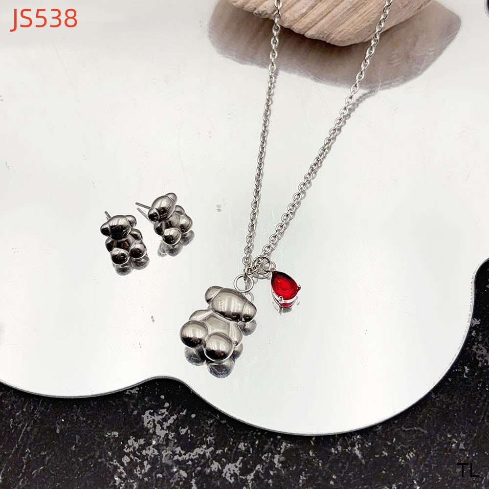 Fashion Women Men Silver Gold Stainless Steel Bear Span Red Blue Green Stone Letter Pendant Earrings Sets Jewelry-image-1046470657