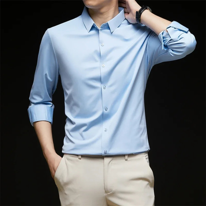 Mens Business Casual Long Sleeved Solid Color Shirt Wrinkle Resistant Free Comfortable All Season Versatile Top 250214Z
