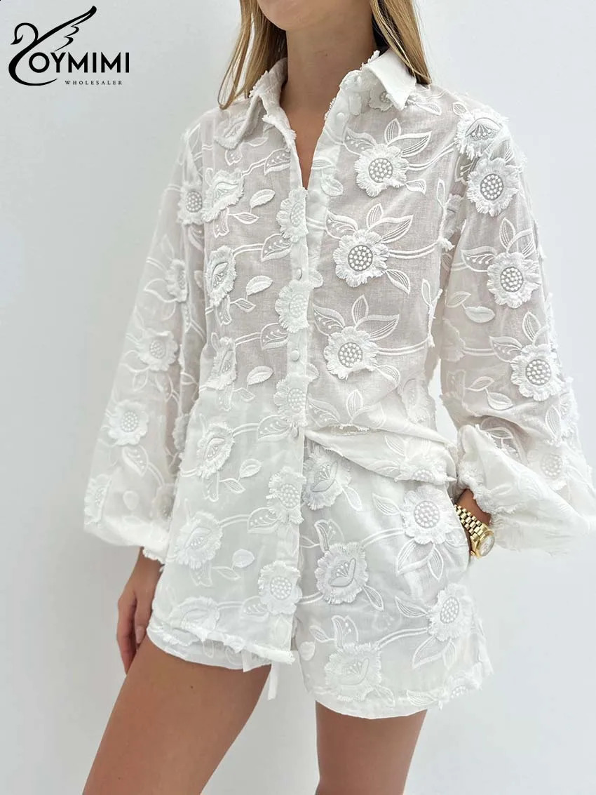 Oymimi Women's White Jacquard Button Shirt and High Waist Skinny Slim Shorts Set - Acetate Wrist Sleeve Top, Casual Vacation Two-Piece Summer Outfit