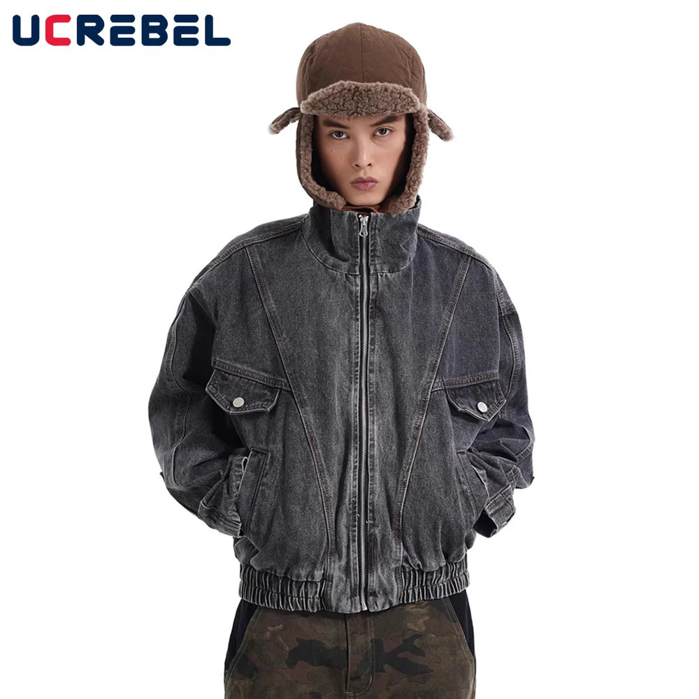 Spliced Washed Distressed Denim Jacket Mens Retro High Street Stand Collar Long Sleeve Jeans Men 250214Z