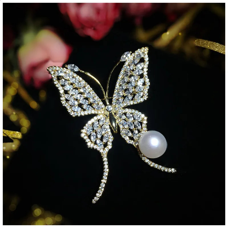 Brooches For Women Butterfly Cubic Zirconia Freshwater Pearls Hollow Corsage Pin High Quality Fine Jewelry S925 250228