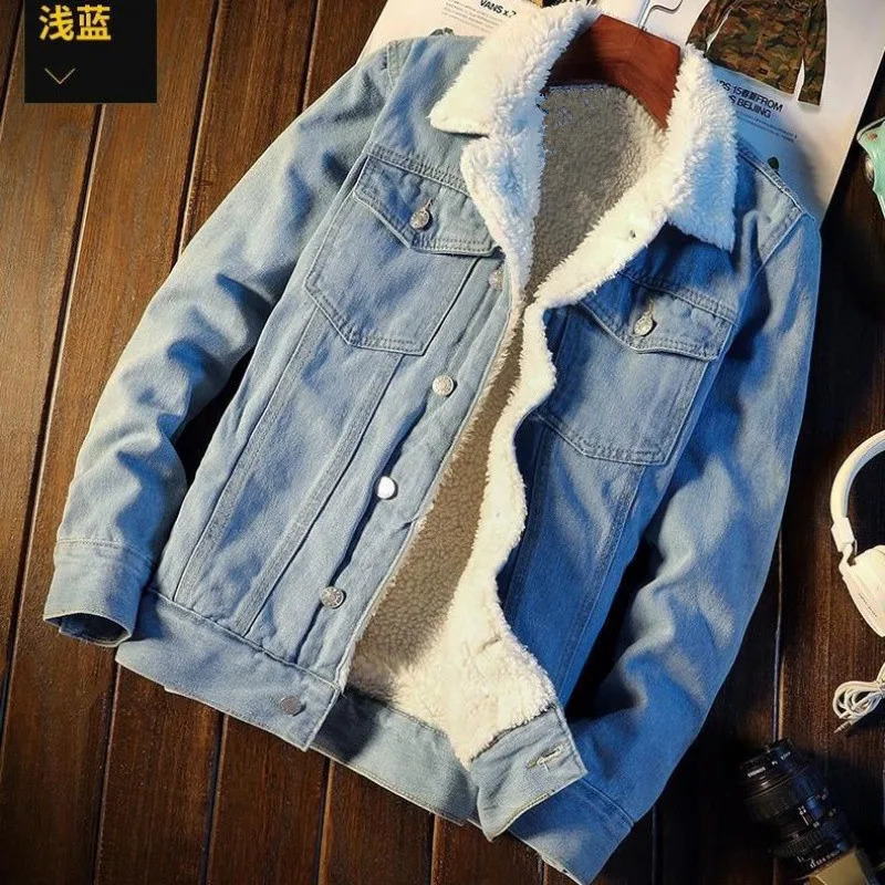 Mens Winter Autumn Jacket Denim Inner Fleece Thicken Jeans Coat Turndown Velvet Fur Parkas 250214Z