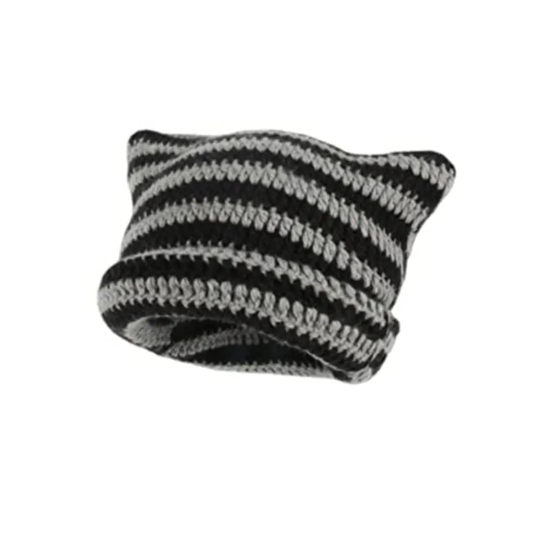 Cute Cat Ears Beanie Hats for Women Winter Striped Korean Punk Gothic Y2K Wool Knitted Streetwear Handmade Crochet Bucket Cap 250530