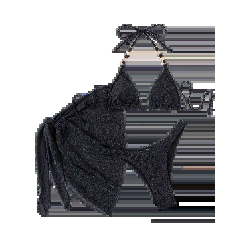 New In Women s Rhinestone Black Glitter String Bikini Sets Beach Wear Swimming Suit For Ladies Cover Up Swimsuit XJ260130-image-1093687165